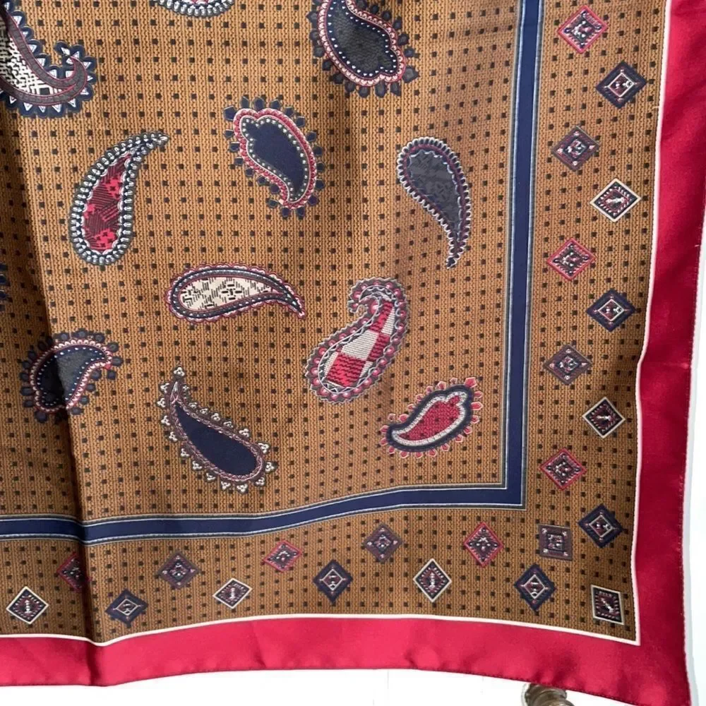 Vintage mid Century maroon, navy blue & tan paisley‎ large square scarf